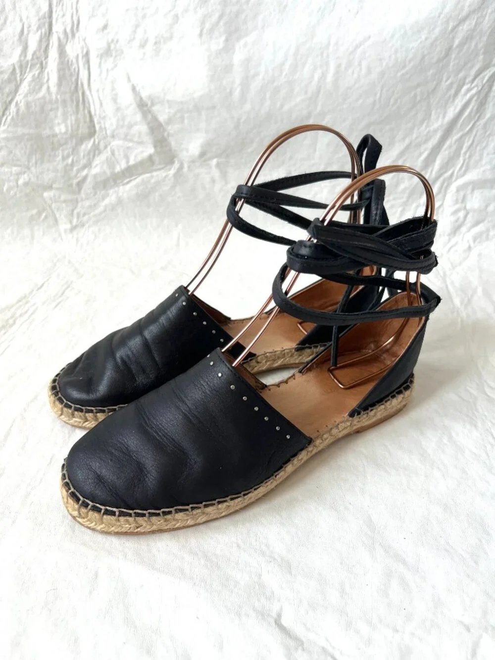 All Saints espadrilles 37 7 womens black leather flats ankle tie lace up studded
